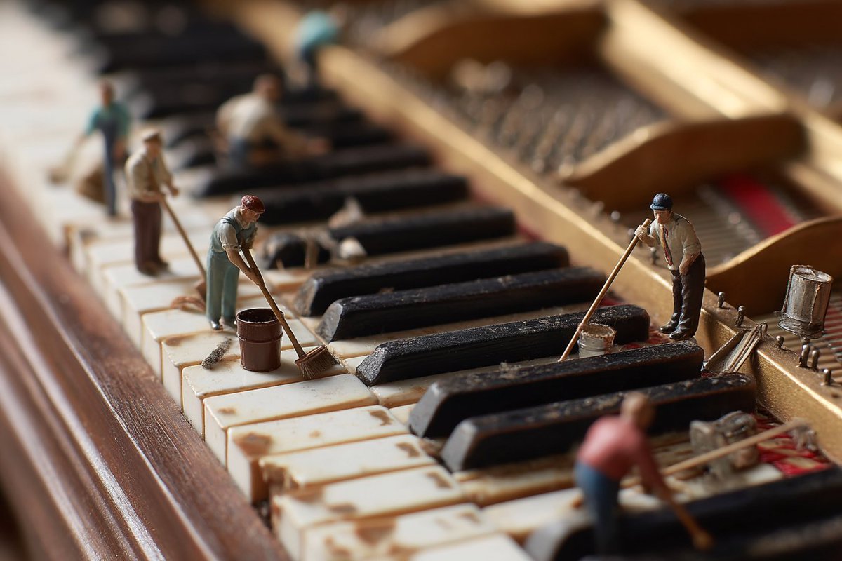 tilt-shift photo of a grand piano keyboard, side view from the left looking a...