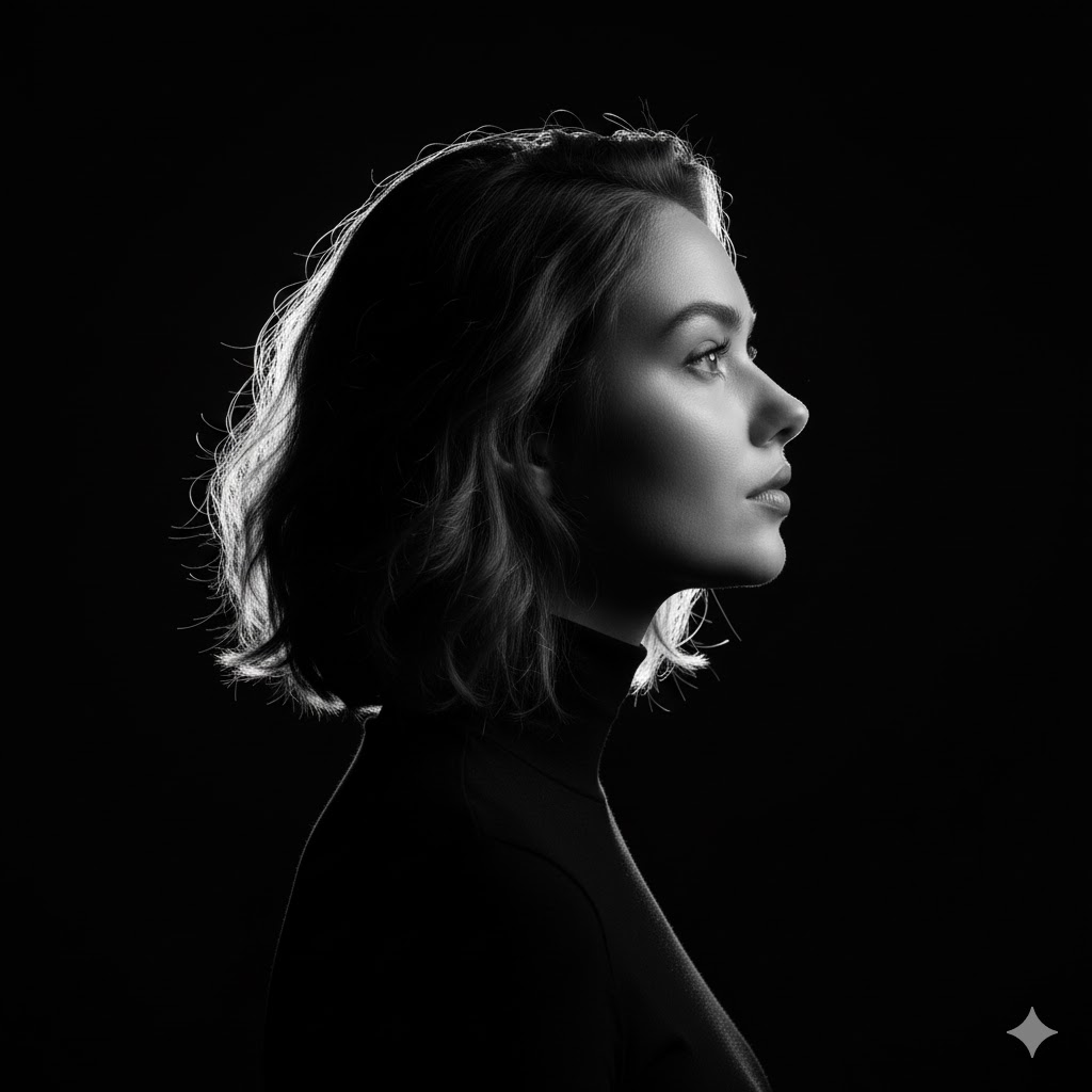  title: High-Contrast Monochrome Side-Profile Rim-Lit Portra...