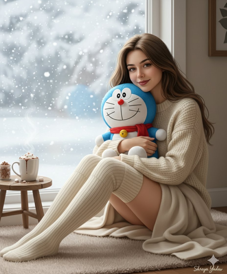 {"description":"A cute woman with rosy cheeks, sitting by a window on a snowy...