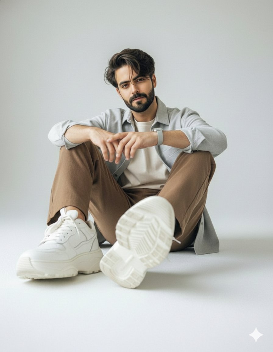 "Create a minimalist editorial studio photoshoot of a man sitting casually on...