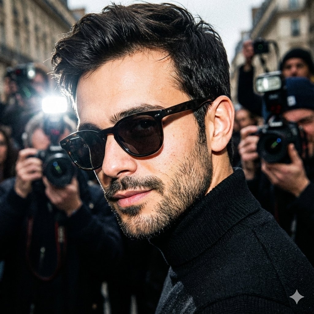 Unplanned paparazzi style portrait, an intense, close-up moment capturing a m...