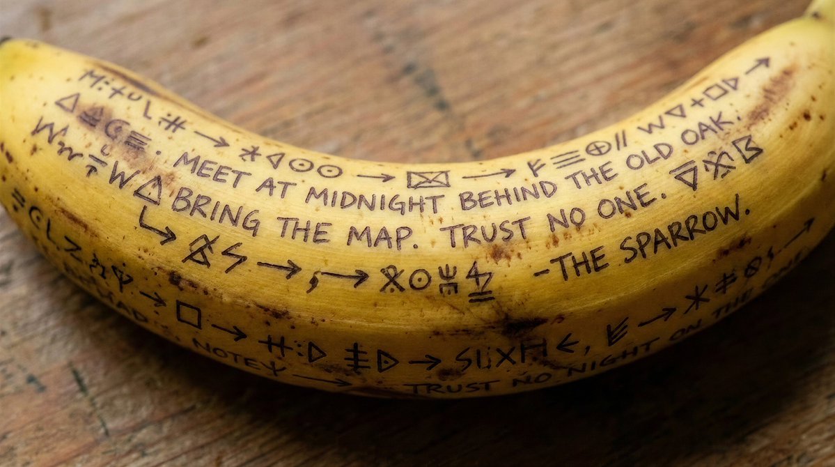 A 16:9 close up photo of a banana, with a long secret messages handwritten wr...