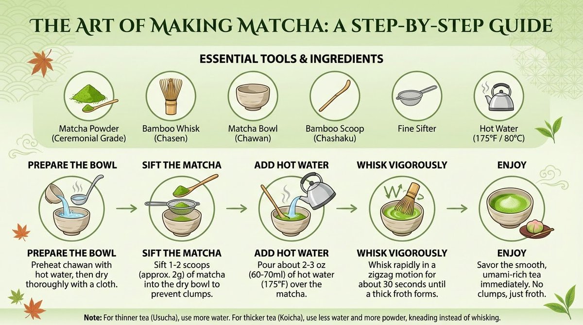 Create an infographic that shows how to make Matcha.