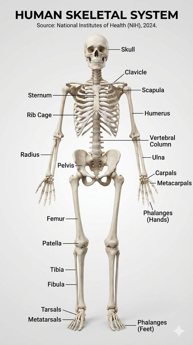 Make a realistic infographic of the human skeletal system with labels