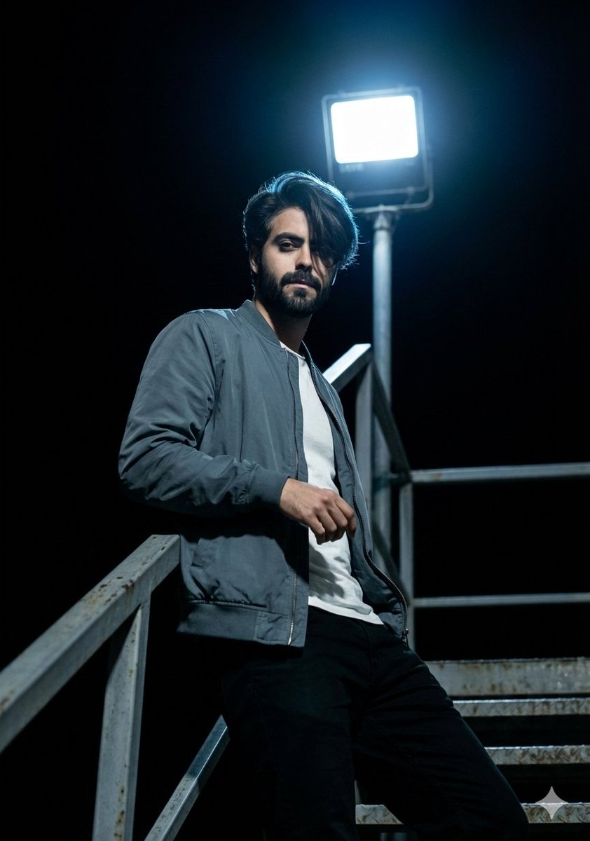 A cinematic, low-light photograph of a young man with dark, messy curly hair ...