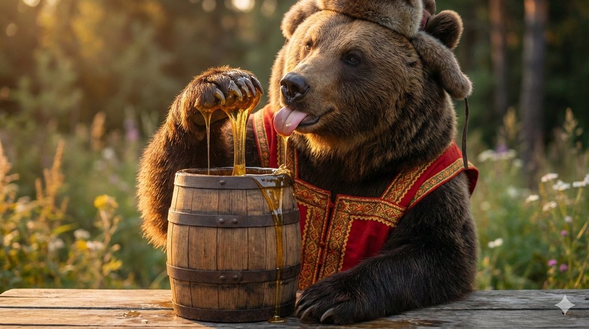 A large brown bear dressed in intricate traditional Russian folk clothing, si...