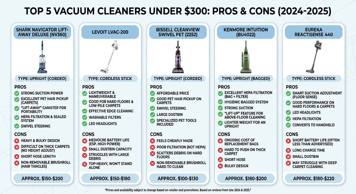 Look up the 5 best vacuum cleaners under $300 and create an infographic with ...
