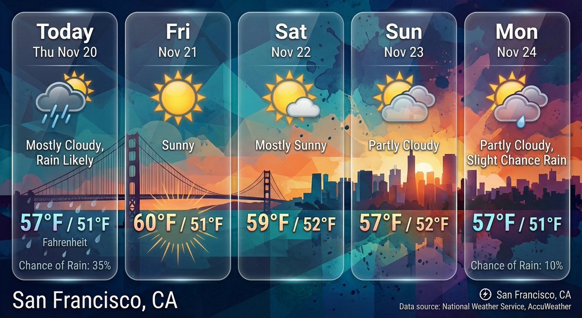 Look up the weather in San Francisco, CA and create an image of a 5-day forecast