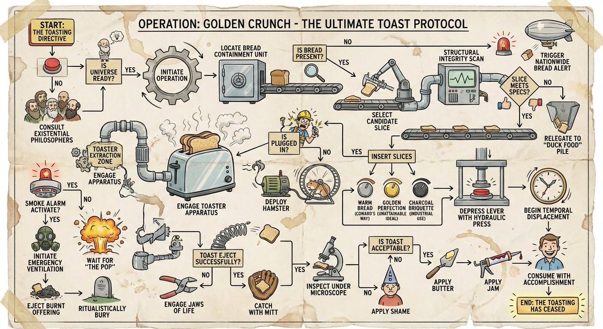 i need a flowchart for how to toast bread, make it as wacky and over the top ...
