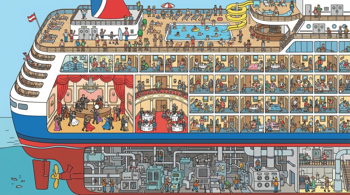 A cutaway illustration of a cruise ship. We see the engine room, the ballroom...