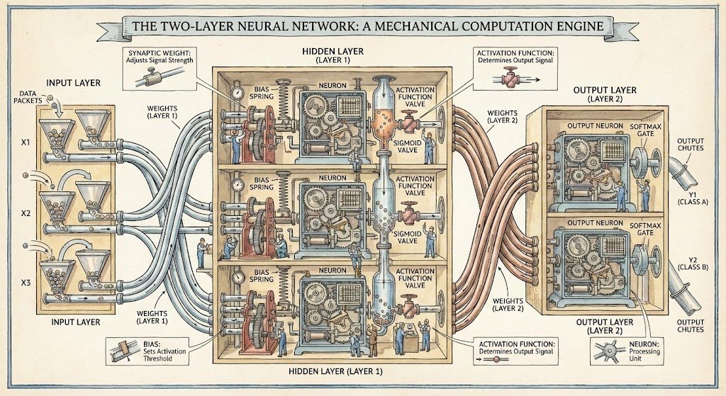 Generate a diagram of a two-layer neural network in the style of Stephen Biesty