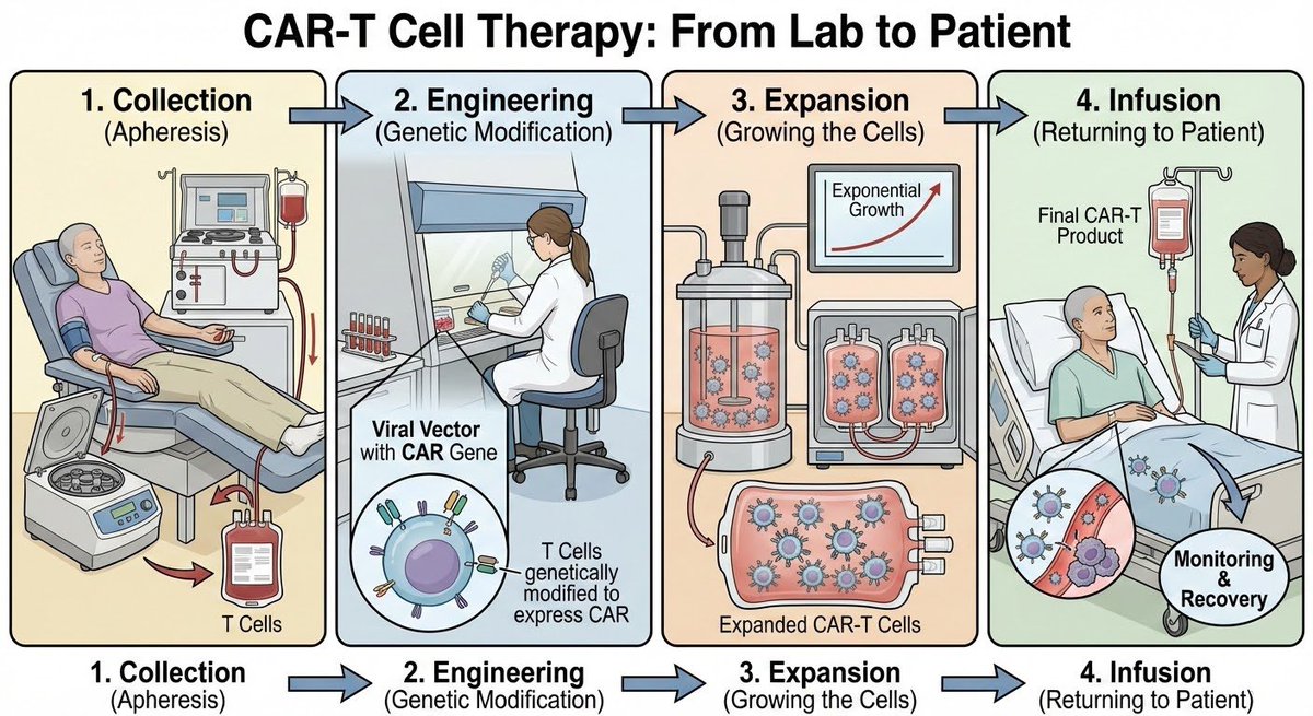 In an illustration describe all of the stages of CAR-T cell therapy from lab ...