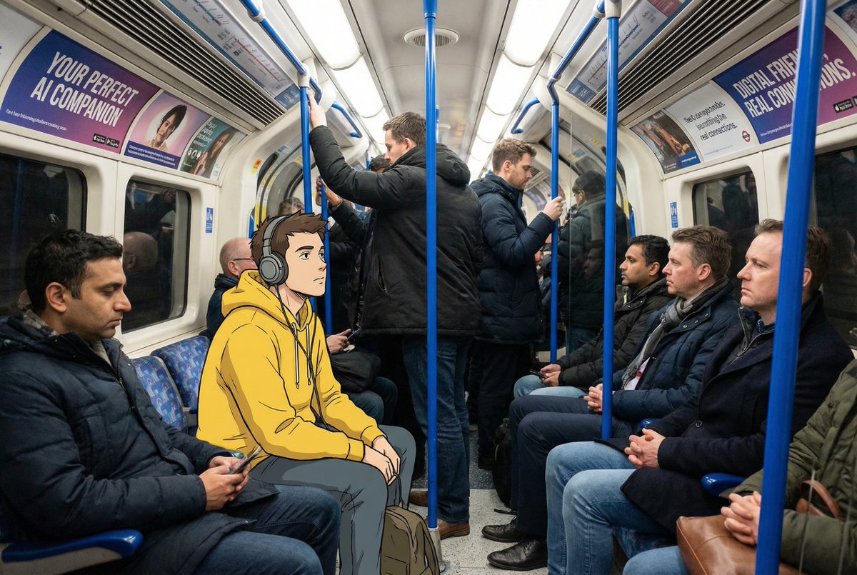 > An anime man with a yellow hoodie sitting on the london underground, it is ...
