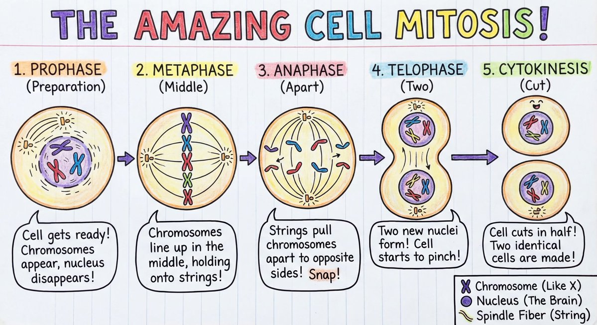 Make me a detailed diagram showing how mitosis works,, with annotations and v...