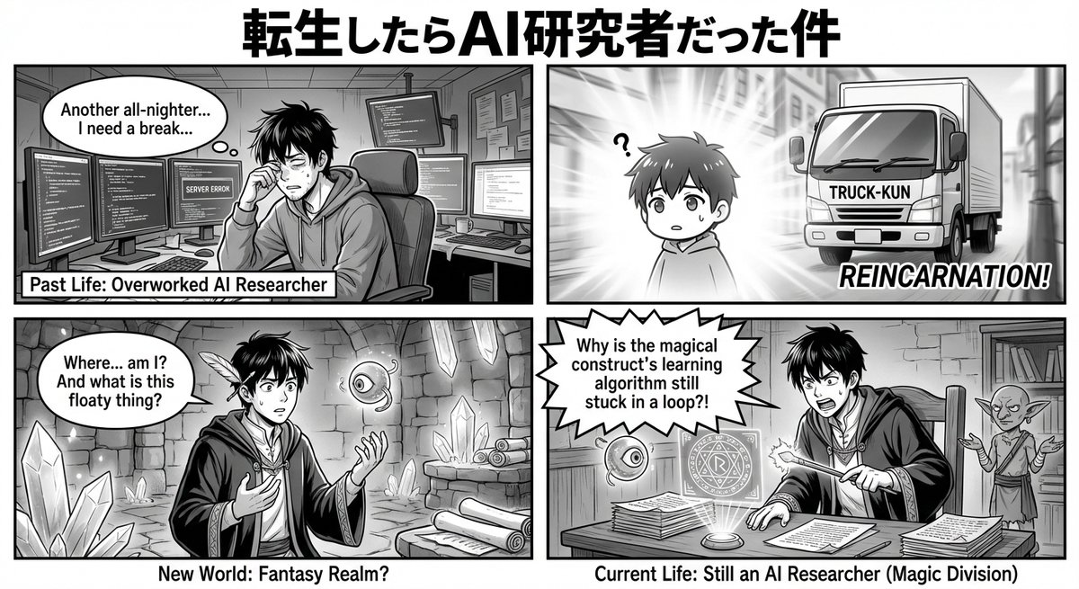 create a 4 panel manga titled "I was reincarnated into another world as an ai...