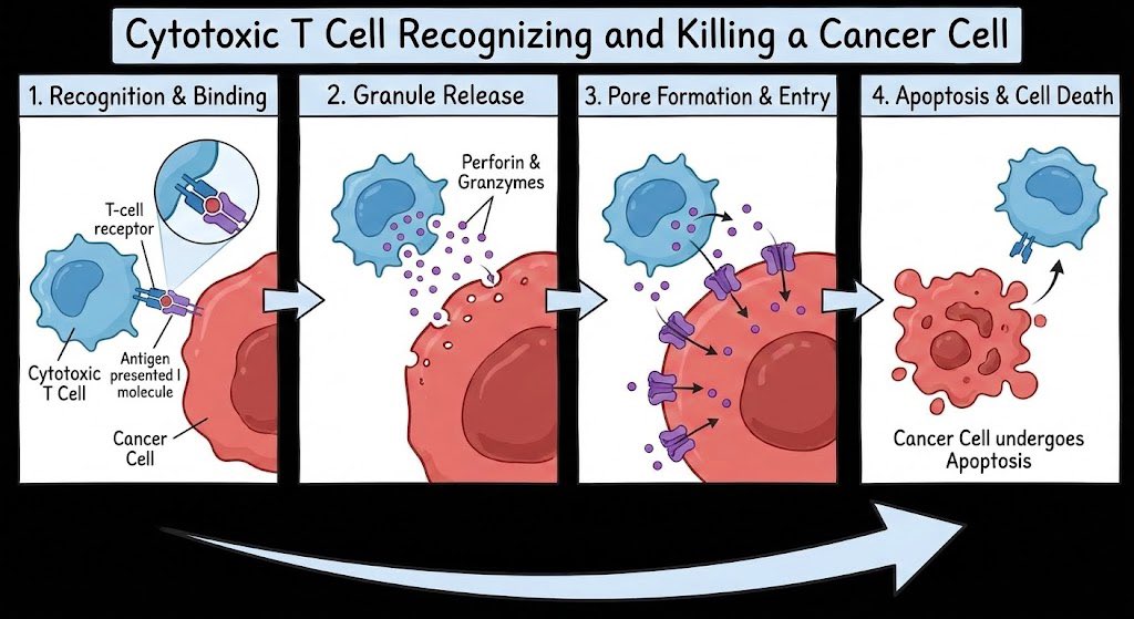 Describe in an illustration the events for a cytotoxic T cell recognizing & k...