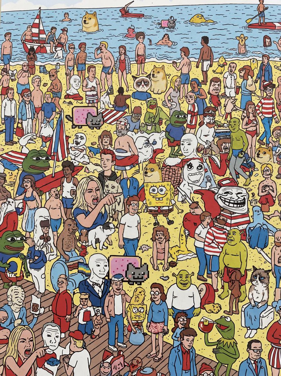 Every known meme character in the style of "Where's Wally"