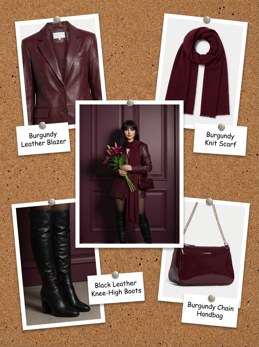 Create a fashion product collage on a brown corkboard based on this outfit. E...