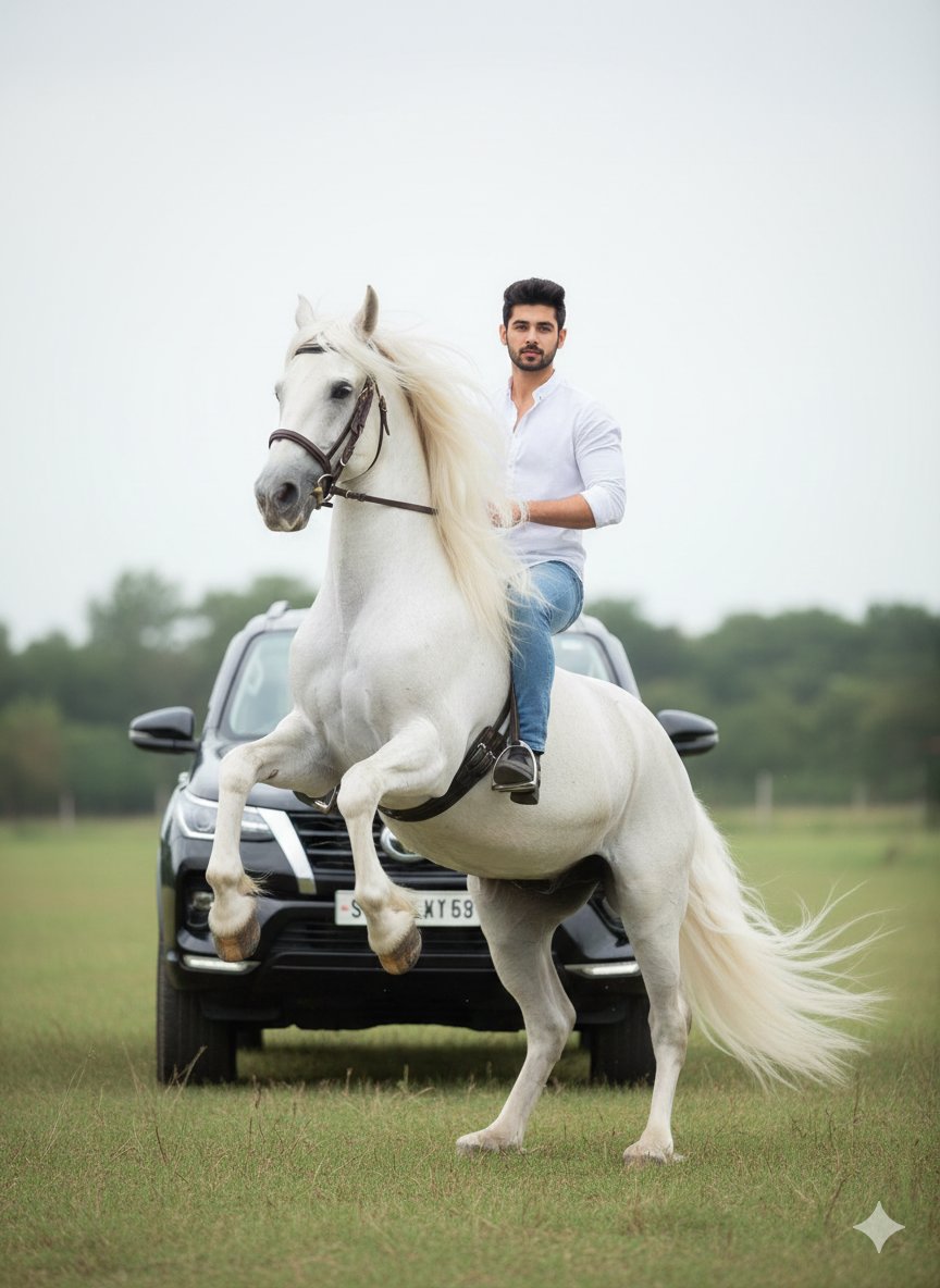 A 29-year-old man sitting on a majestic white horse, possibly a Gypsy Vanner ...