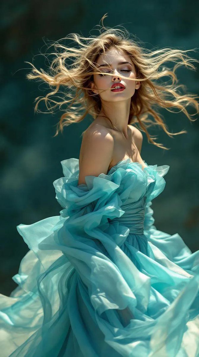 A highly detailed portrait of a beautiful woman in a dramatic, flowing teal a...