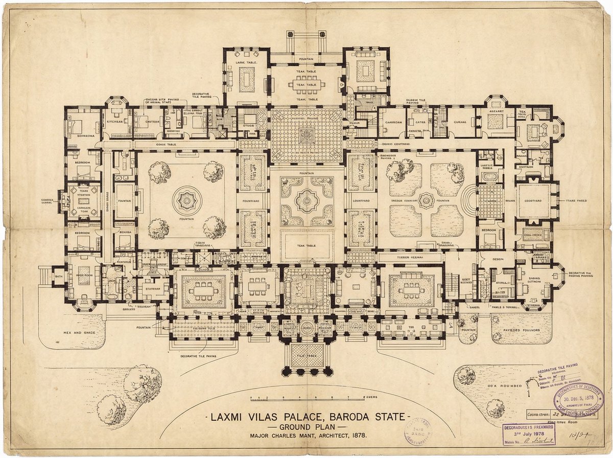 Make a highly detailed original Construction plan of Laxmi Vilas Palace based...
