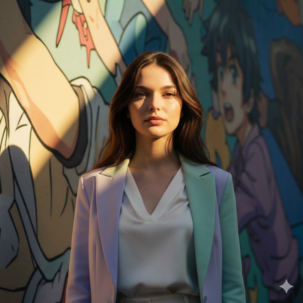 A hyperrealistic cinematic wide street shot. The subject stands right beside ...