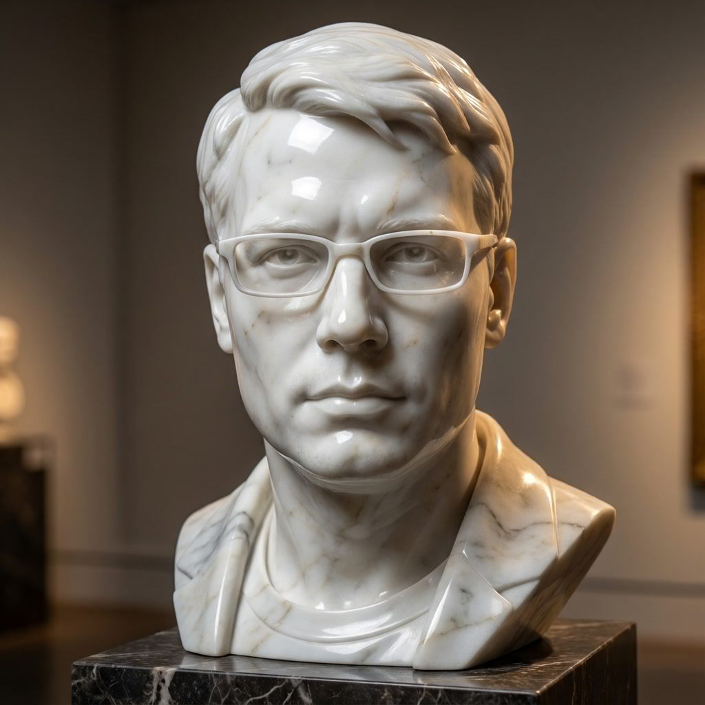 subject in image made of shining marble. The sculpture should display smooth ...