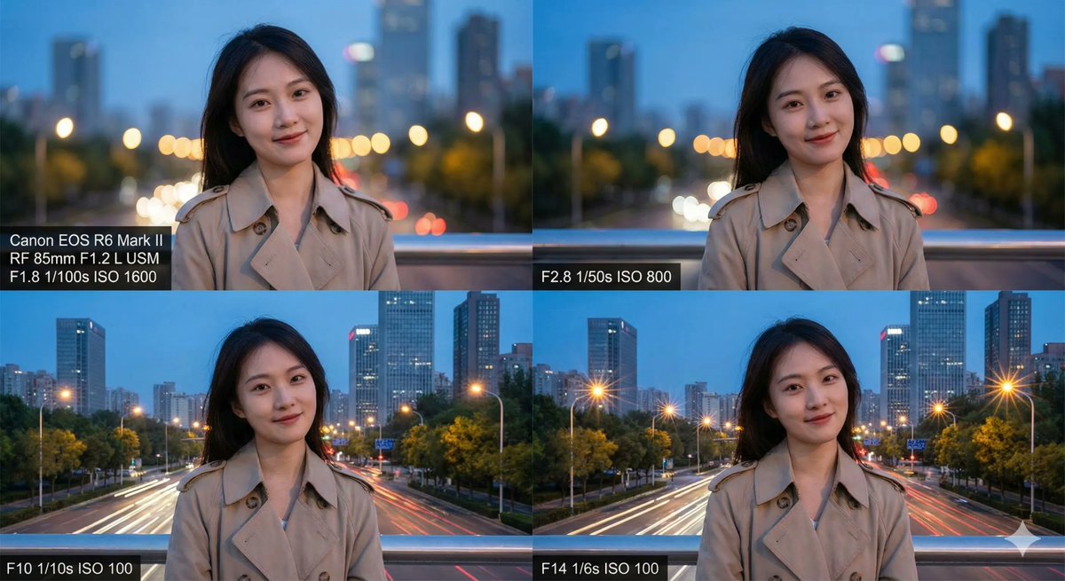 佳能相机，85mm 定头，生成 1.8F、2.8F、10F、 14F 光圈逐渐变化的效果，温柔大美女作为模特，背景是黄昏之后的城市蓝调时刻