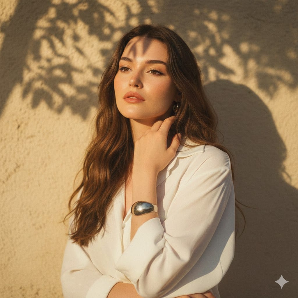 Golden hour portrait with tree shadows cast on wall. Subject in white blouse,...