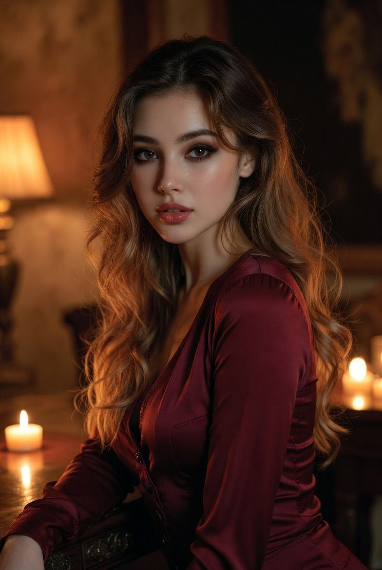 A high-quality portrait photograph shows a beautiful woman with long, wavy br...