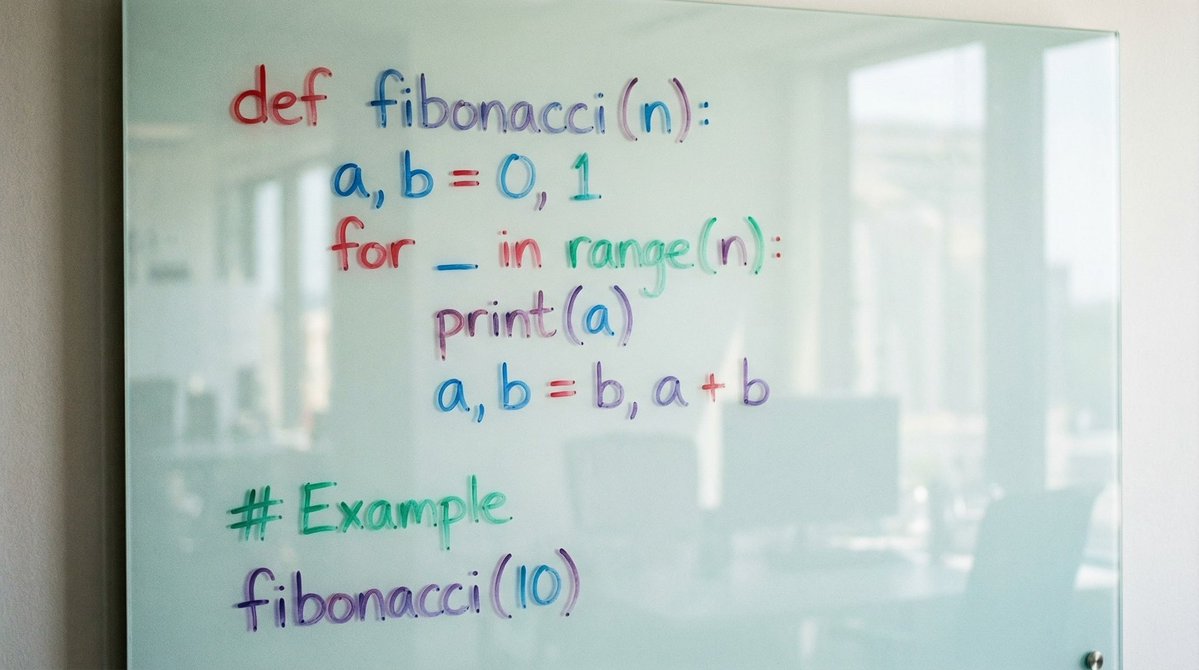 create a photo of python code to calculate the fibonacci numbers drawn on a g...