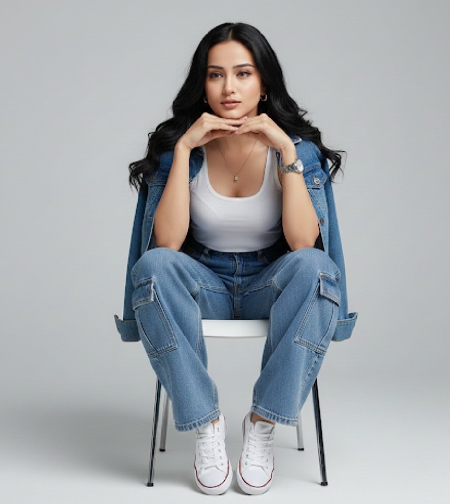 {"description":"A full-body portrait of a young woman sitting on a white mode...