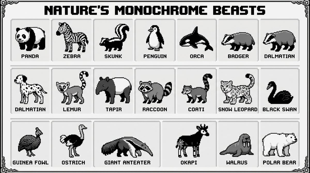A 16-bit pixel art poster showcasing all the black and white animals of natur...