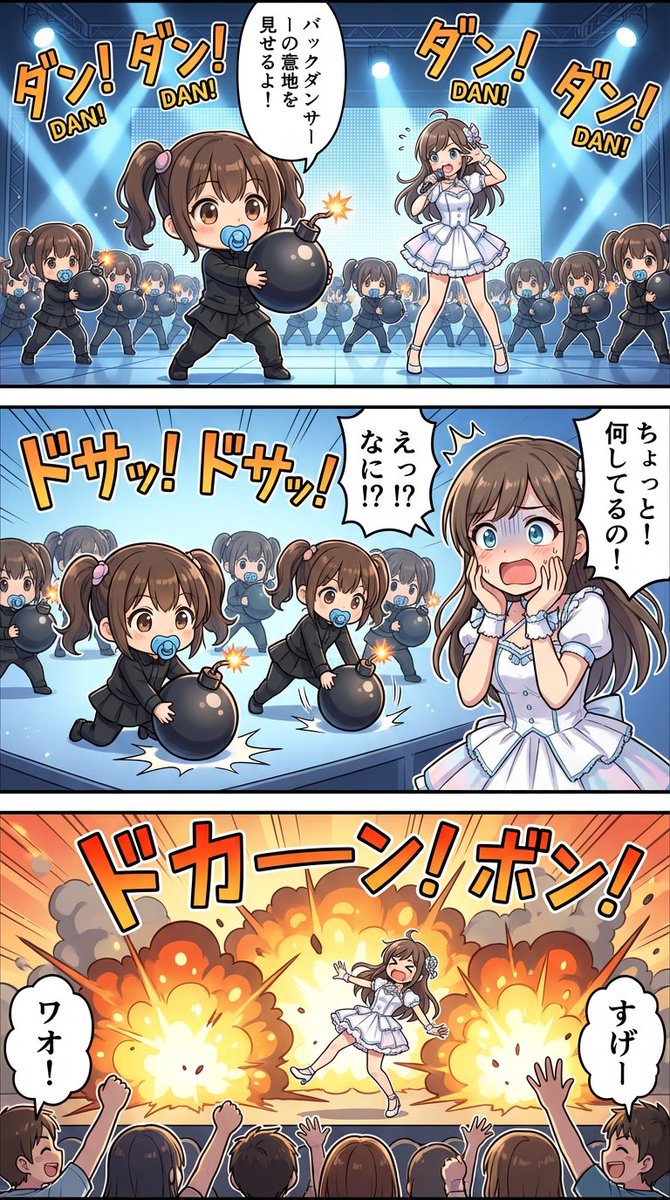 構図：3つのフレームに分割された「高精細ストーリーアート」。 背景はフルカラーの背景美術品質。 キャラクターは高密度のディテール描写。吹き出しでキャラクタ...