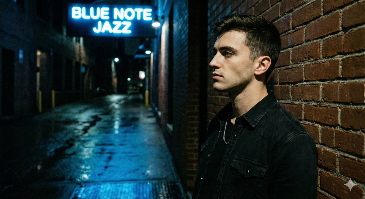 A young man leaning against a brick wall at night, illuminated only by a weak...