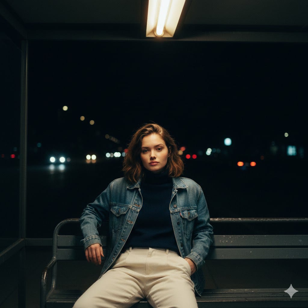 “A young woman with a contemplative expression, seated casually at an old met...