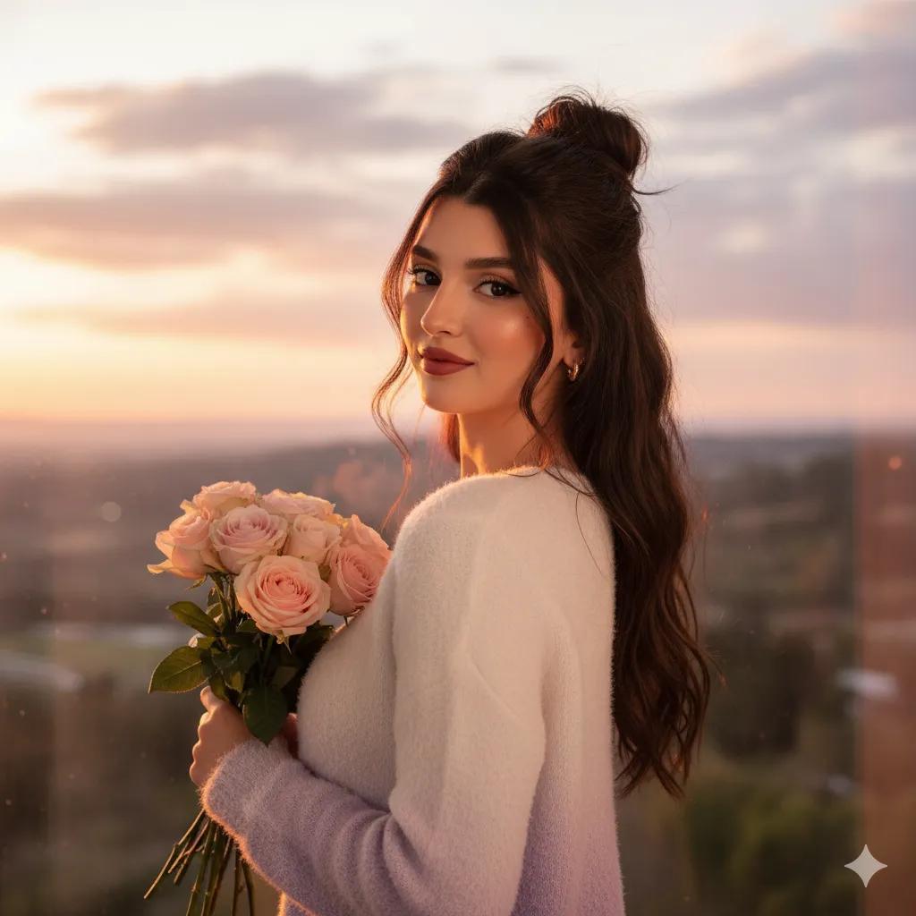 Create a portraitt of A beautiful young woman standing near a window during s...