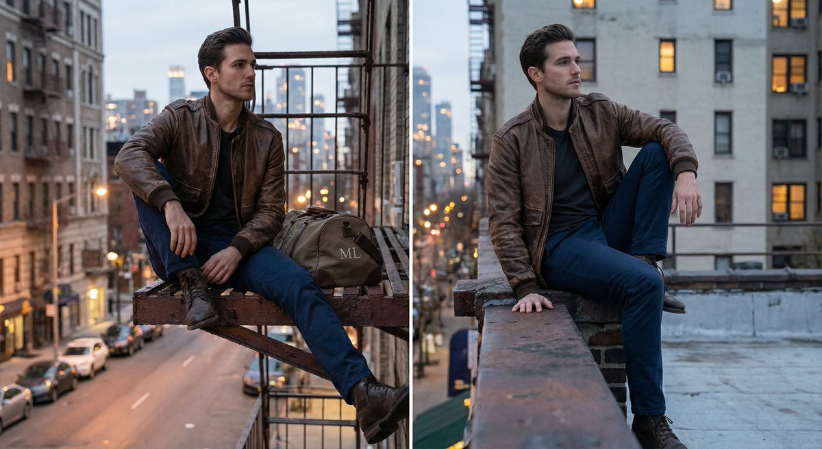 A male model, dressed in a brown bomber jacket, dark trousers, is perched on ...