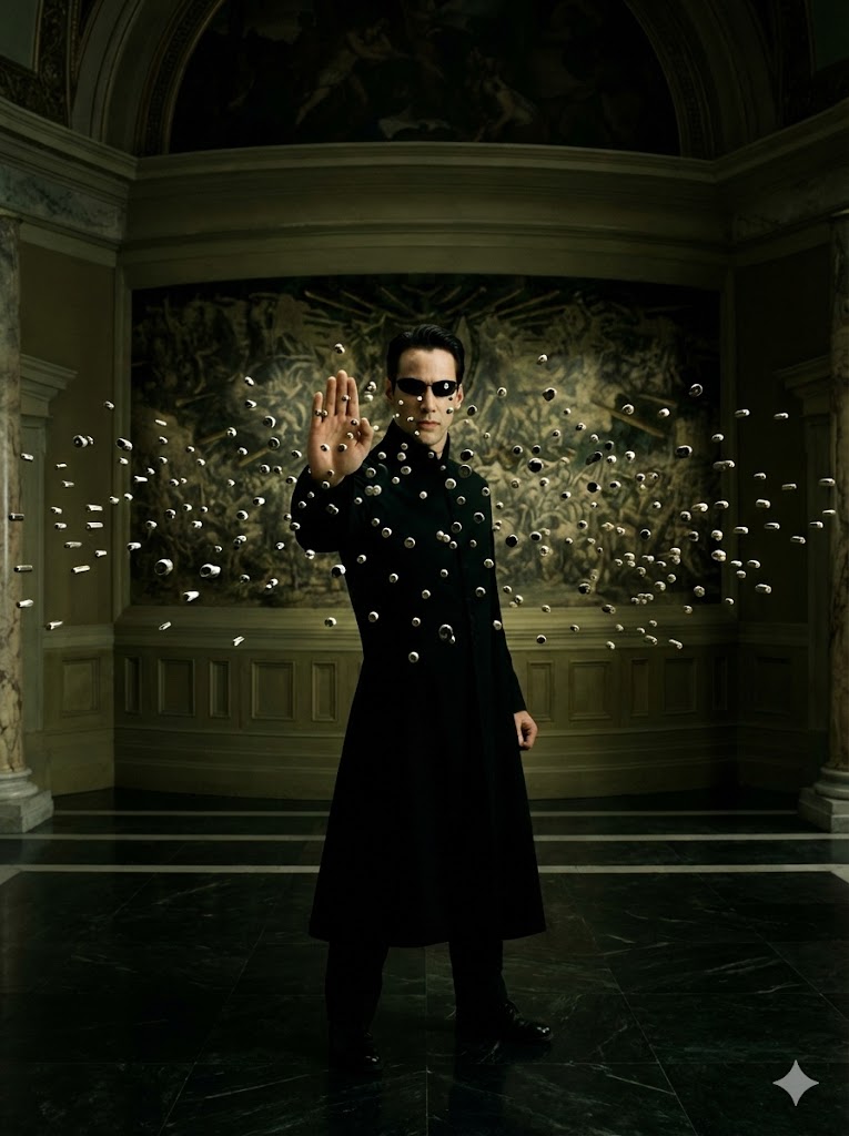 A cinematic, wide shot shows a fair-skinned young adult woman standing in a d...