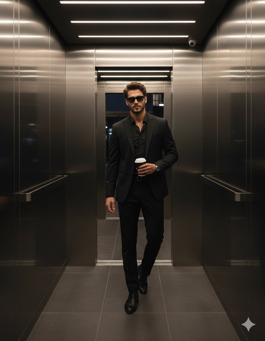 Edit the photo to be standing casually in a modern style elevator with reflec...