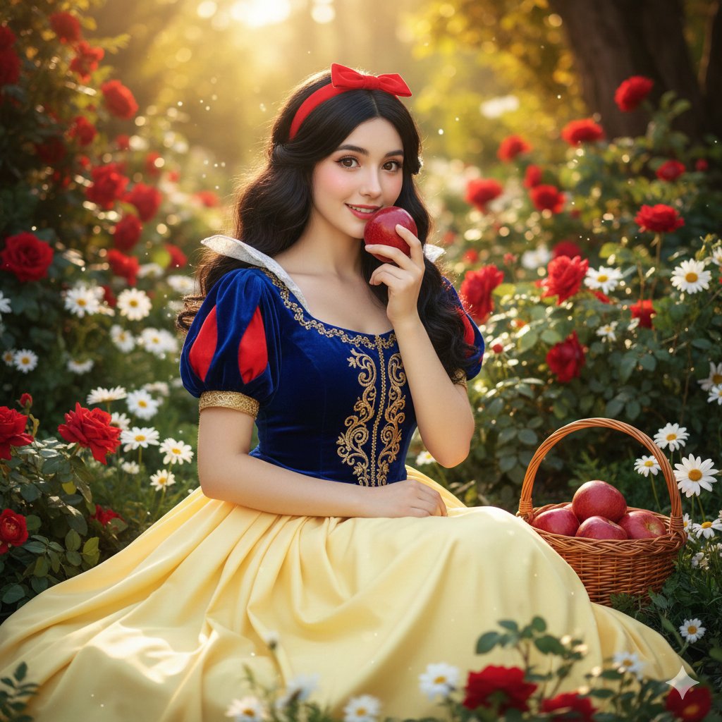 "A hyper-realistic 8K fairytale portrait of a young woman dressed in an iconi...