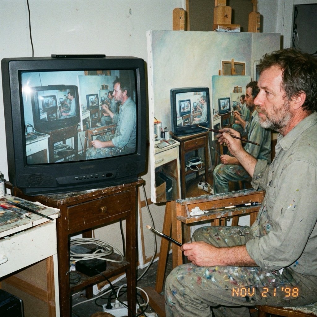 Amateur photograph from 1998 of a middle-aged artist copying an image by hand...