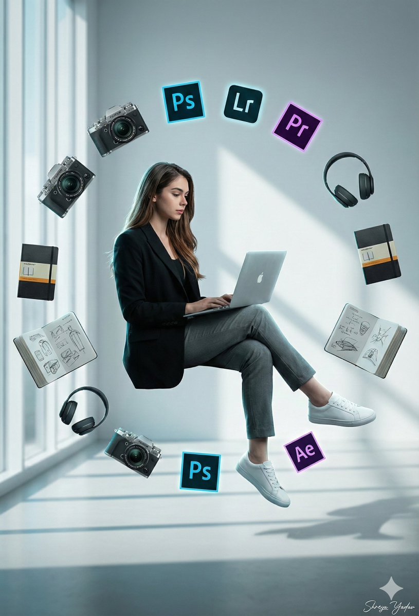A cinematic levitation portrait of a woman sitting midair while working on a ...