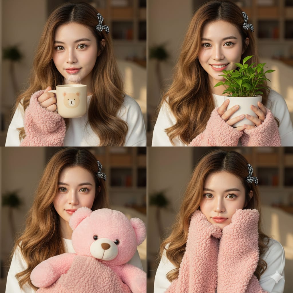 A collage of four portraits, each featuring a young Asian woman with long, wa...