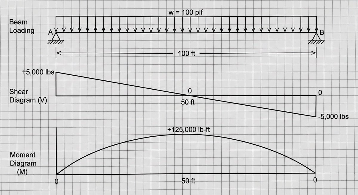a shear and moment diagram for a simply supported beam with a uniform load of...