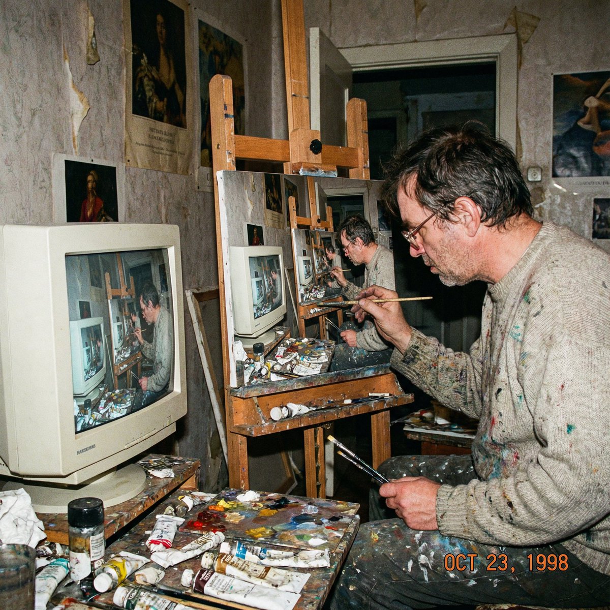 Amateur photograph from 1998 of a middle-aged artist copying an image by hand...