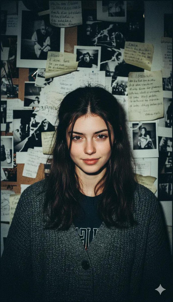 A young woman, same face preserved, lit by a harsh on-camera flash from a thr...