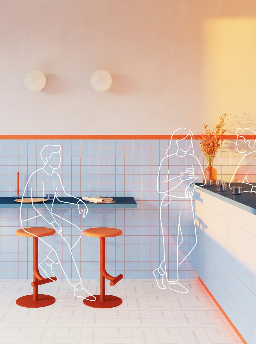 Add clean, minimal white line-drawing illustrations of people into this photo...