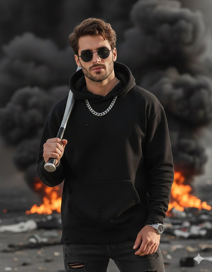 completing the look with a chunky silver chain around his neck, dark round fr...