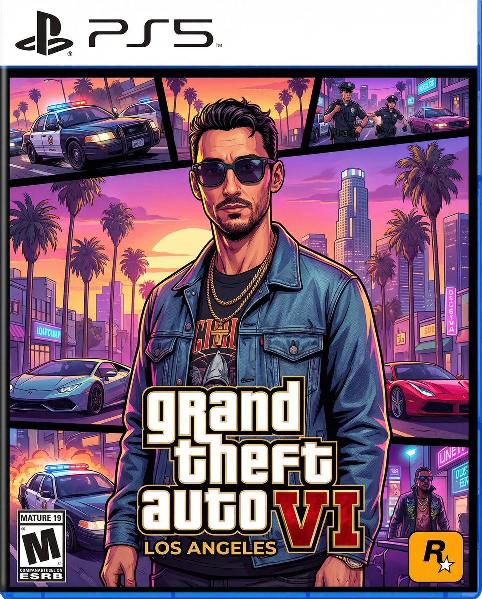 Create a PlayStation 5 game cover in the style of GTA VI. Use the man from th...